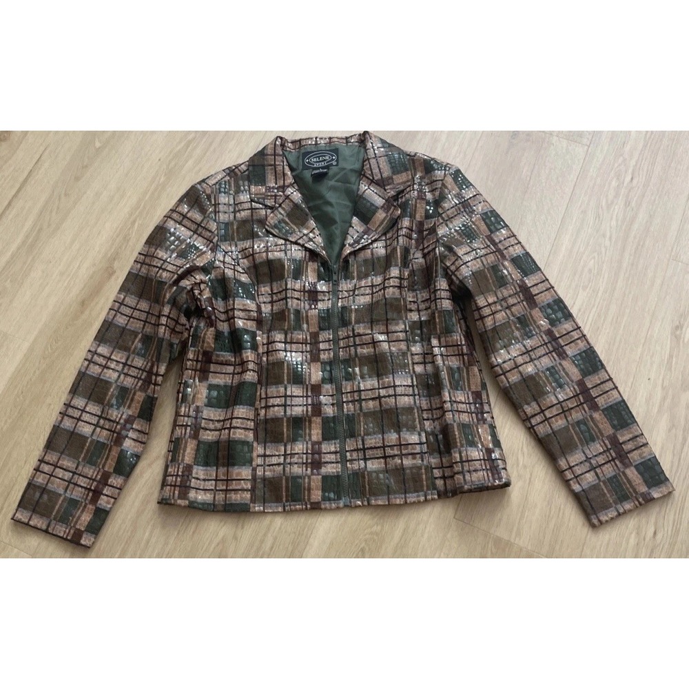 Vintage Selene Sport Women's Large Brown Plaid Jacket Zip-Up Long Sleeve